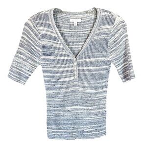 Womens XS Henley Blue/Grey White Top Striped Short Sleeve Ribbed Casual Office
